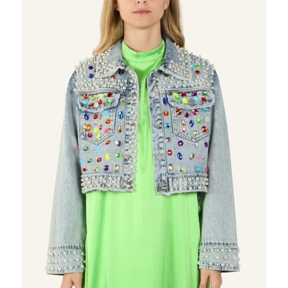 Women Denim Jacket Coat Pearls Colored Beaded Crystal Rhinestone Size M Blue - Picture 1 of 13